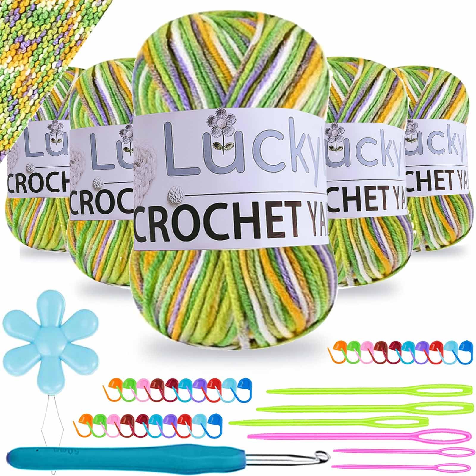 Crochet Yarn Double Knitting Wool (6X50g), Multicoloured Acrylic Yarn Crochet Wool with Aluminum Crochet Hooks Stitch Markers for DIY Craft Blankets Socks Dolls (Rainbow Green)