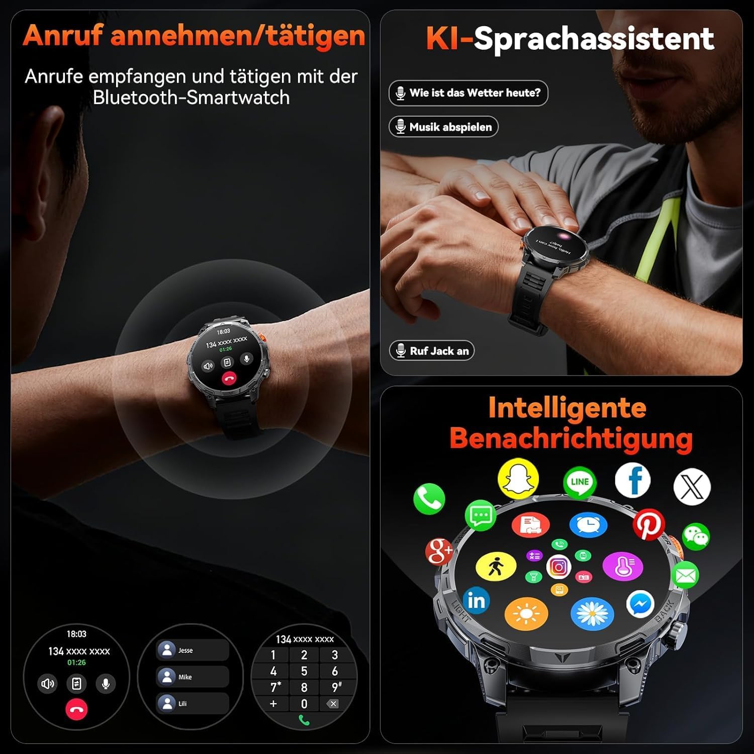 Militär Smartwatch Herren, mit1000-mAh-Akku/1,75" HD Großes Display Sportuhr/110+ Sportmodi Fitnessuhr/LED Taschenlampen/24/7Herzfrequenz/Schlafmonitor/IP68 Wasserdicht für iOS Android