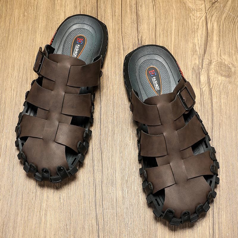 Image of Mens Leather Beach Slides Sandals For Men Closed Toe Hiking Outdoor Athletic Casual Walking Sandals Water Shoes Summer Fisherman