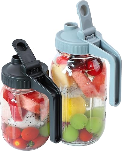 Tapas de boquilla para verter tarro Mason con asa de boca regular con tapa abatible, herméticas y a prueba de fugas para verter y almacenar (tarro