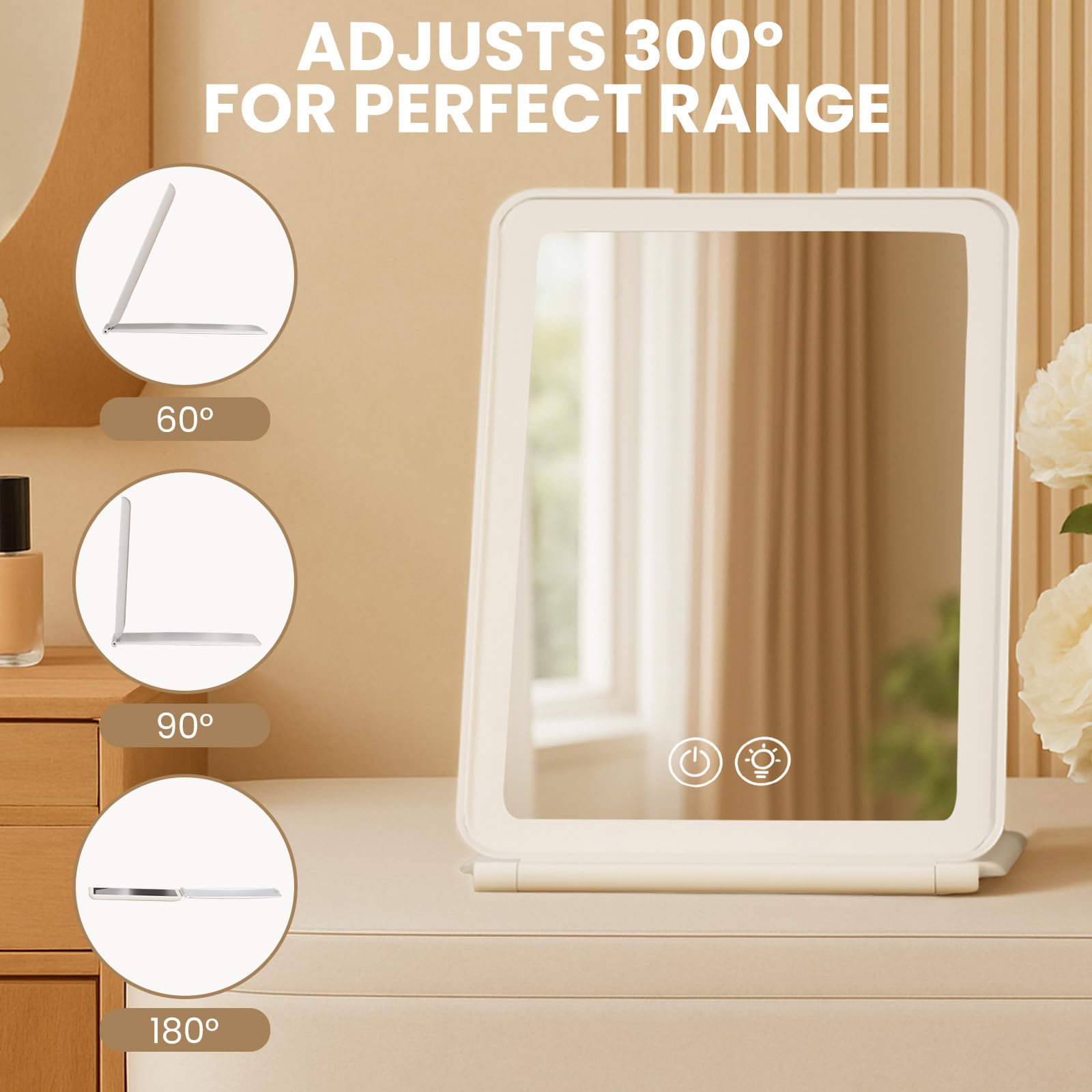 Miroir Maquillage Lumineux 72 LED 1500mAh Luminosité Ajustable 3 Modes Pliable Portable