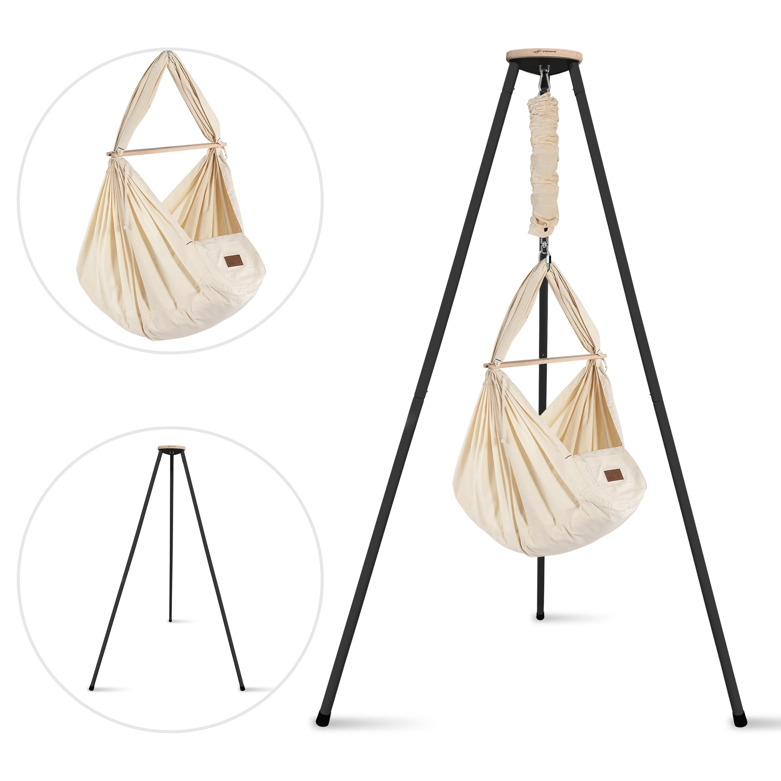 SCHMUSEWOLKE Federwiege - Set mit Tipi-Gestell Anthrazit - Hängematte für Babys und Kleinkinder ab Geburt bis 3 Jahre - Bio-Baumwolle - Mit Schafwoll-Matratze