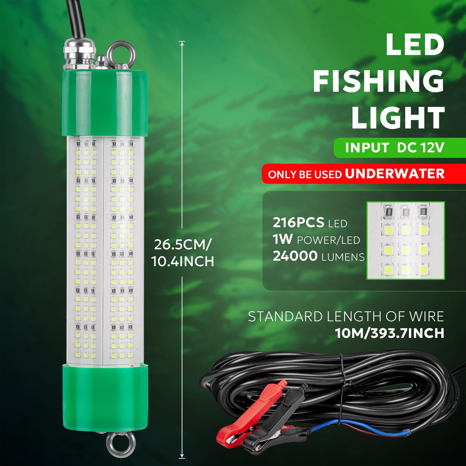 SF DC 12V LED Underwater Fishing Light 200W Fish Attracting Light 24000lm Green Fishing Submersible for Dock and Boats IP68 Waterproof 32ft with only Battery Clips to Provide Power