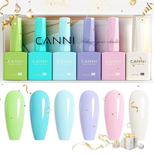 CANNI Juego de 6 esmaltes de uñas de gel sin hema, de 0.3 fl oz, verde, azul, morado, rosa, blanco roto, kit de manicura de gel de uñas LED para
