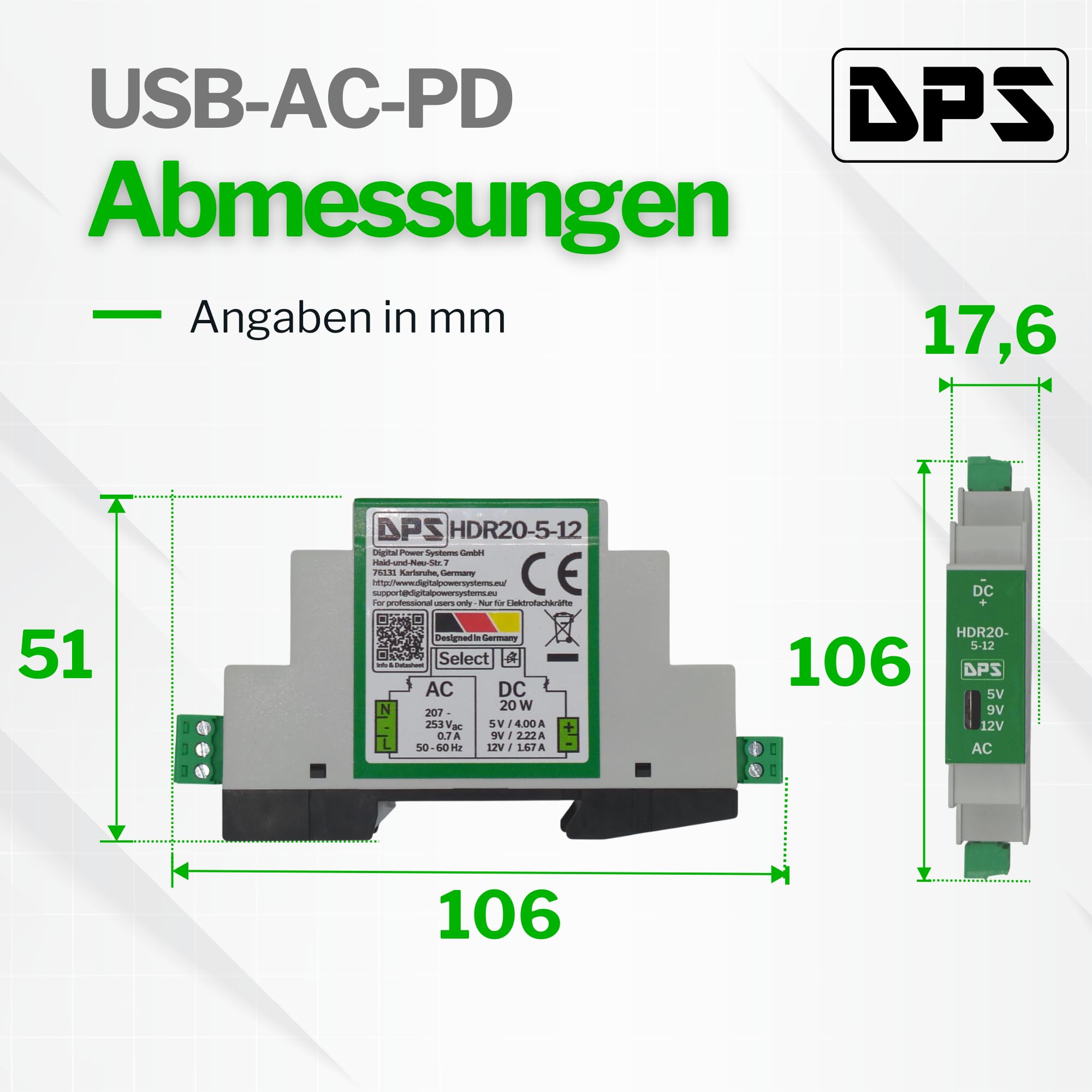 DPS – Hutschienen Netzteil 5V | 9V | 12V - 20W 230Vac Power Supply Trafo HDR20 Umschalter 5V | 9V | 12V AC NoElko Stromversorgung Industriequalität