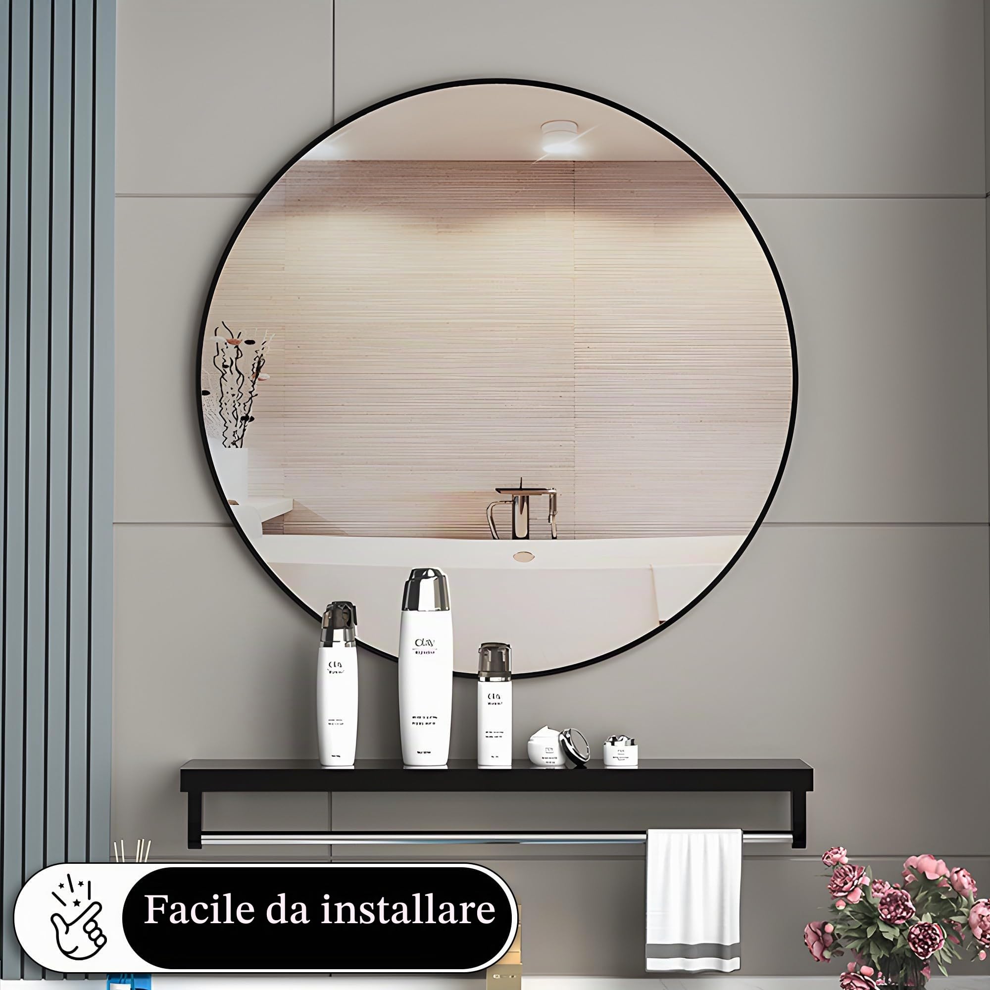 Bayt Specchio da Parete Rotondo Ø 50 cm – Specchio Bagno, Ingresso e Camera da Letto, Resistente all'Umidità, Metallo, Kit di Fissaggio, Nero Opaco