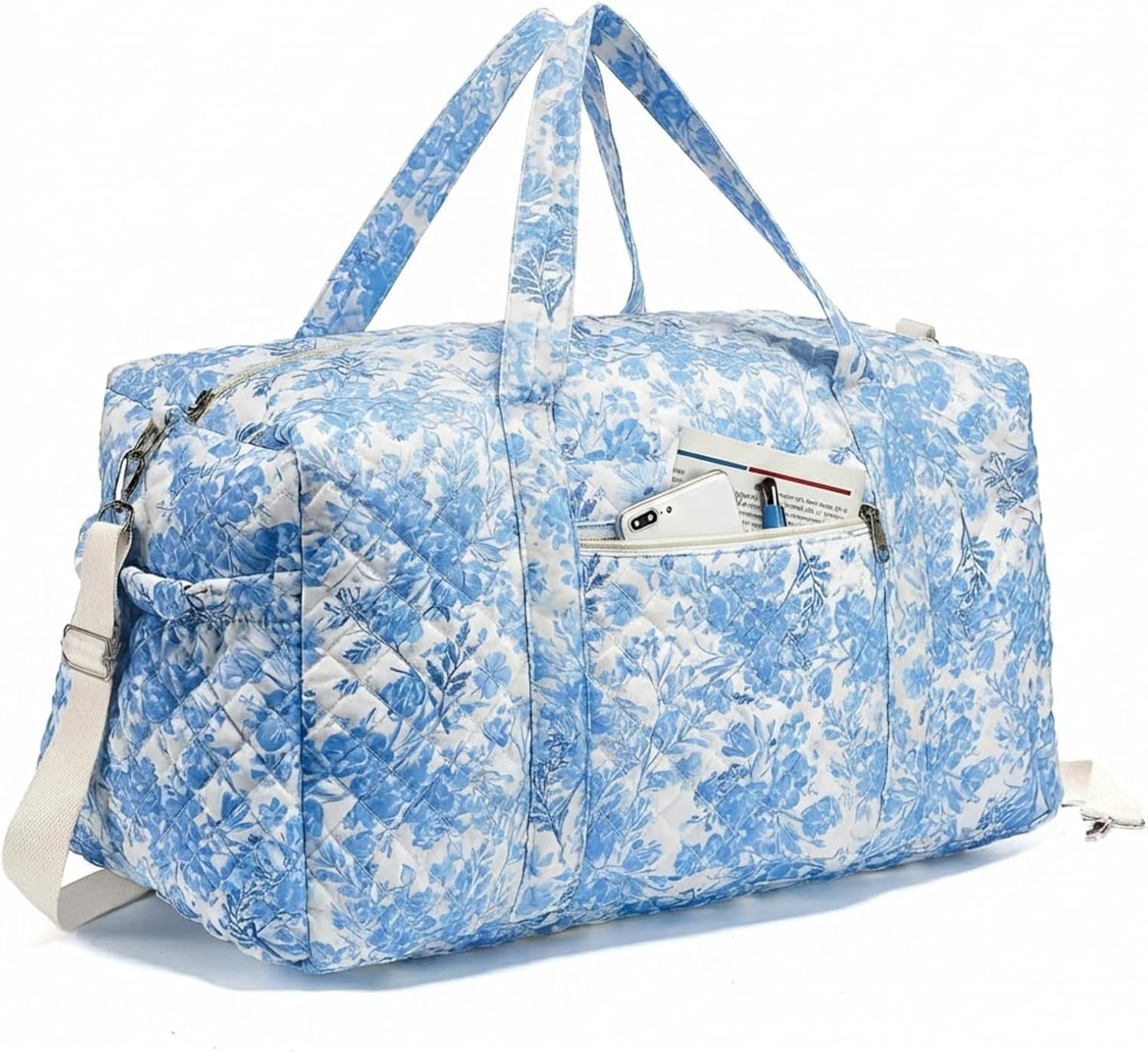 Large Quilted Travel Duffle Bag for Women Floral Portable Gym Weekender Bag with Zipper Pockets Workout Grocery Pouch Duffle Gift Pouch for Work(Pink Floral)