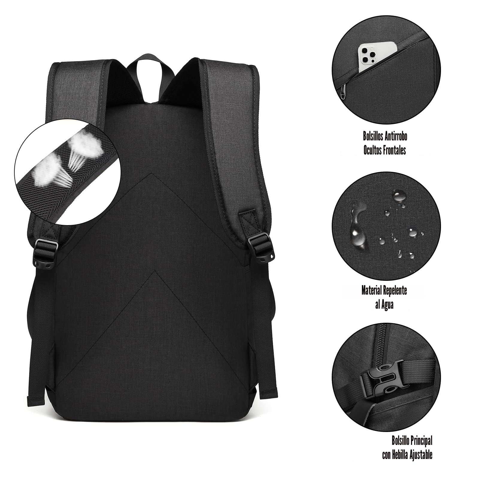 Kono Mochila Portátil 15,6 Pulgadas Hombre, Mochila Antirrobo Impermeable con Puerto USB y Candado, Ligera para Trabajo, Viaje y Uso Diario - Negro