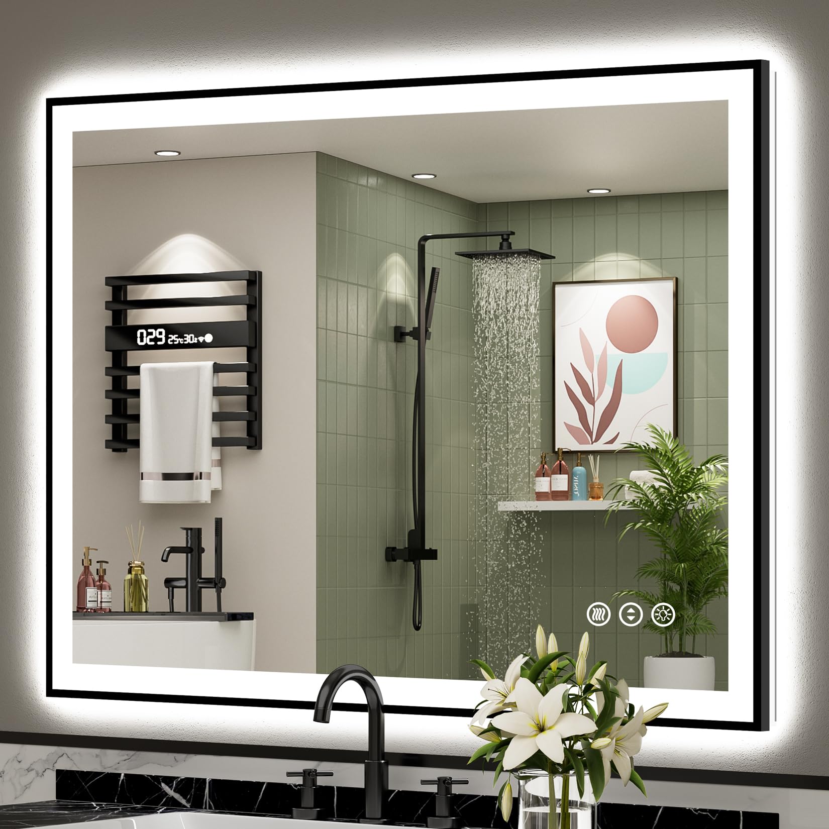 44x36 Black Framed LED Bathroom Mirror with Lights, Backlit and Front Lit Anti-Fog Lighted Vanity Mirror for Bathroom Wall, Dimmable, 3 Colors, Memory, Shatter-Proof, HD Tempered Glass, CRI 95
