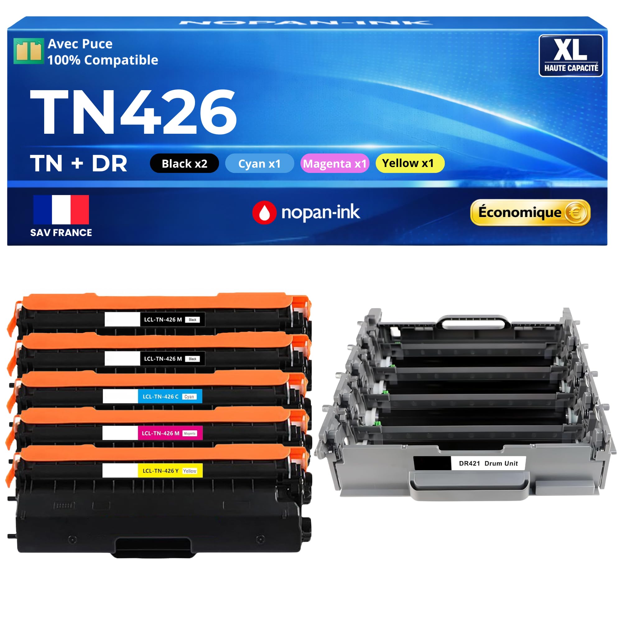 TN426 TN-426 DR421CL DR-421CL Compatible pour Brother DCP-L8410CDW HL-L8260CDW HL-L8360CDW MFC-L8690CDW Pack 4 Toners Noir Cyan Magenta Jaune + 1 Tambour 4 Couleurs