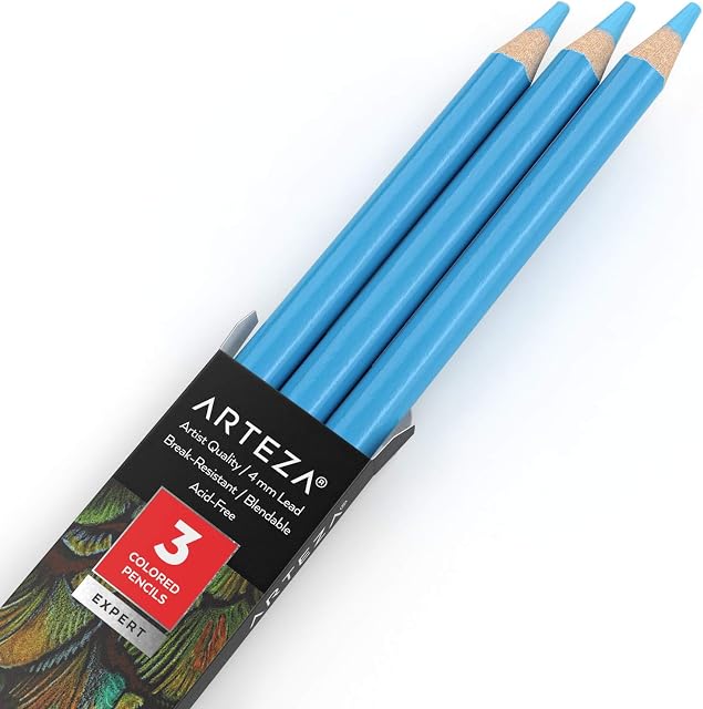ARTEZA Colouring Pencils, Pack of 3, A056 Sky Blue, Soft Wax-Based Cores, Ideal for Drawing, Sketching, Shading & Colouring