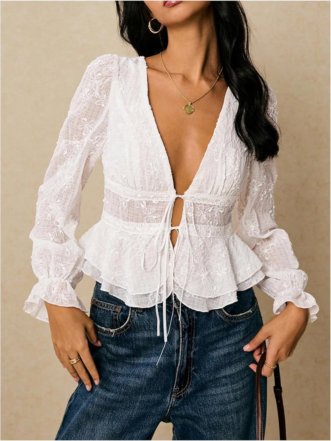 SHENHE Women's Floral Embroidered Deep V Neck Top Tie Front Long Sleeve Peplum Blouse - Image 4