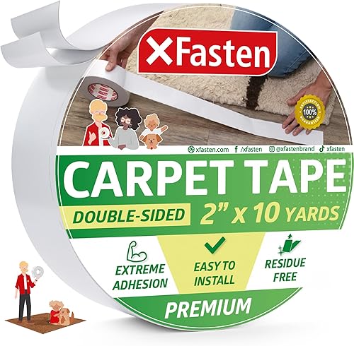 XFasten Cinta adhesiva de doble cara para alfombras y alfombras extraíble y segura de madera dura 2 pulgadas x 10 yardas ideal para alfombras de