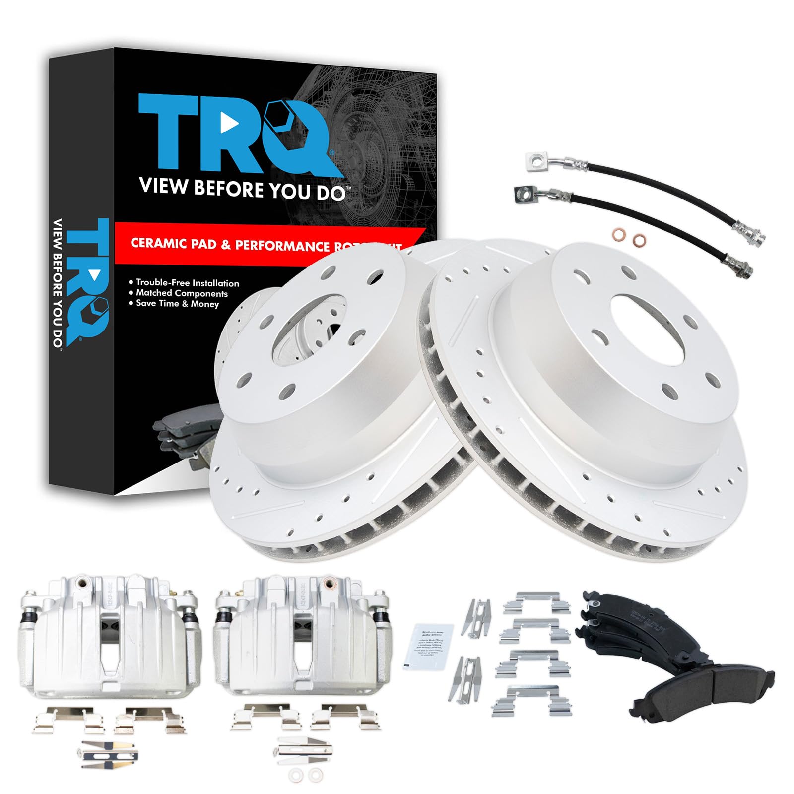 TRQ Performance Rear Brake Pad &amp; Rotor Set Ceramic Drilled Slotted Coated