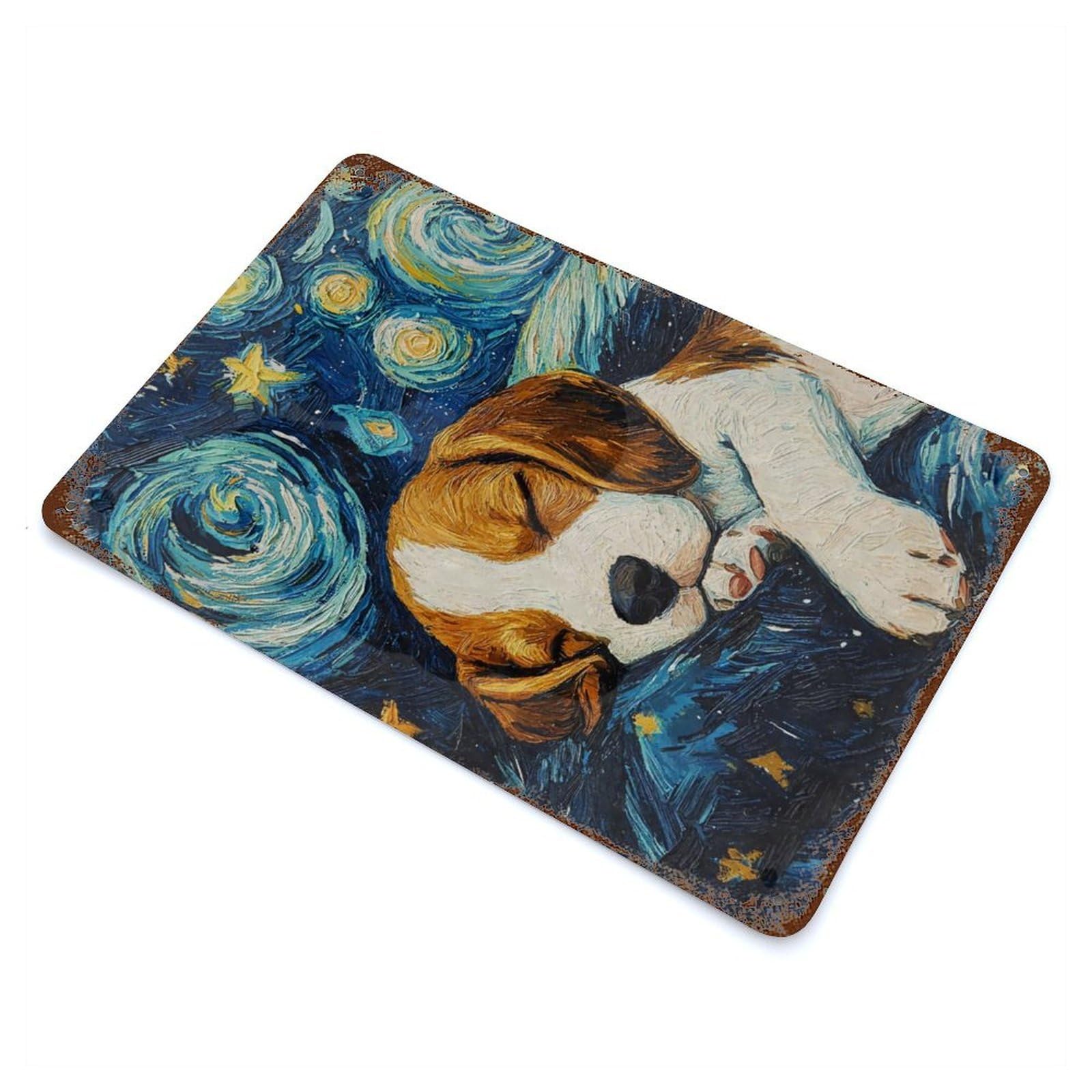 Beagle Puppy Starry Night Aged Metal Wall Plaque 11.8"x7.9", Industrial Home Decor for Pub, Kitchen And Man Cave Decor