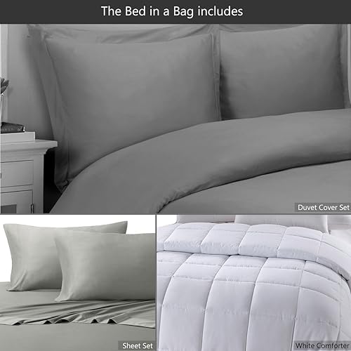 Miniatura 2 de Royal Tradition Juego de cama en una bolsa de 8 piezas tamaño King, viscosa de bambú, gris sólido (juego de sábanas y funda de edredón) + edredón