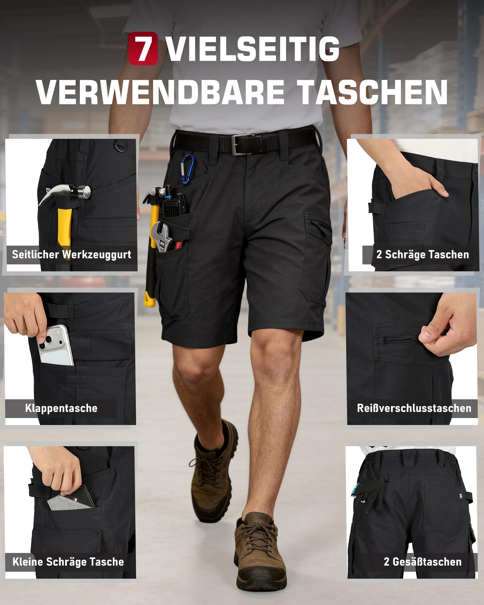 IGOLUMON Arbeitshosen Kurz Herren Arbeitsshorts Männer Elastische Taille Kurze Cargohose Herren Bequeme Sommer Kurze Hosen mit Multifunktionstaschen