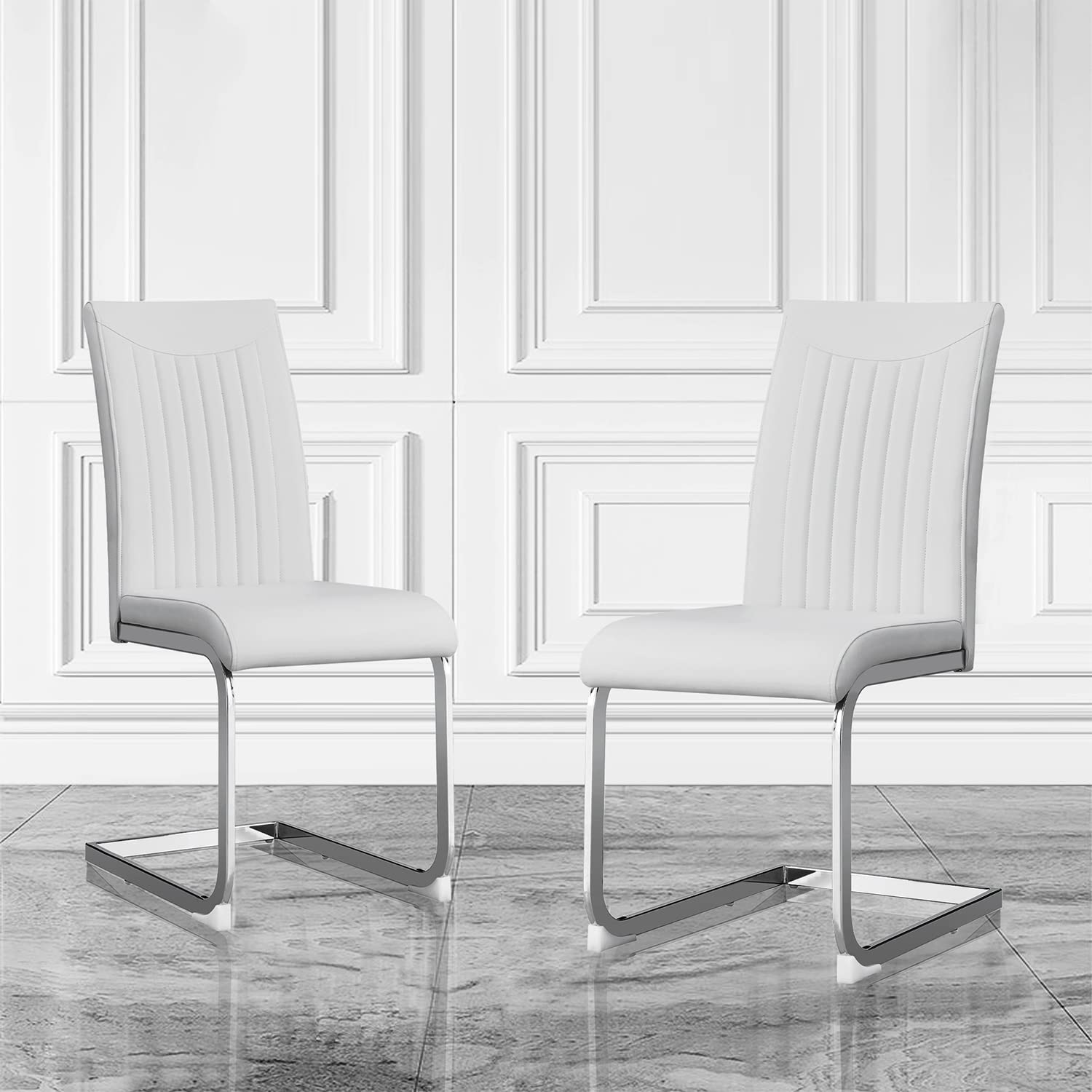 Mid Century Modern Dining Chairs Set of 2 - Faux Leather Padded Seat and Stainless Chrome Base - Stackable and Upholstered Side Chairs - Ideal for Dining Room, Kitchen and Living Room,White