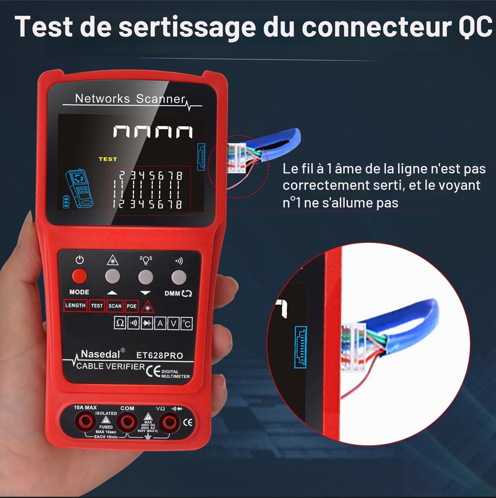 Network Cable Testeur de fil Tracker Générateur de tonalité Ethernet Testeur Multimètre VFL 3 en 1 RJ45 CAT5 CAT6 CAT7 CAT8 RJ11 Tone BNC Testeur PoE Câble Longueur (ET628 PRO)