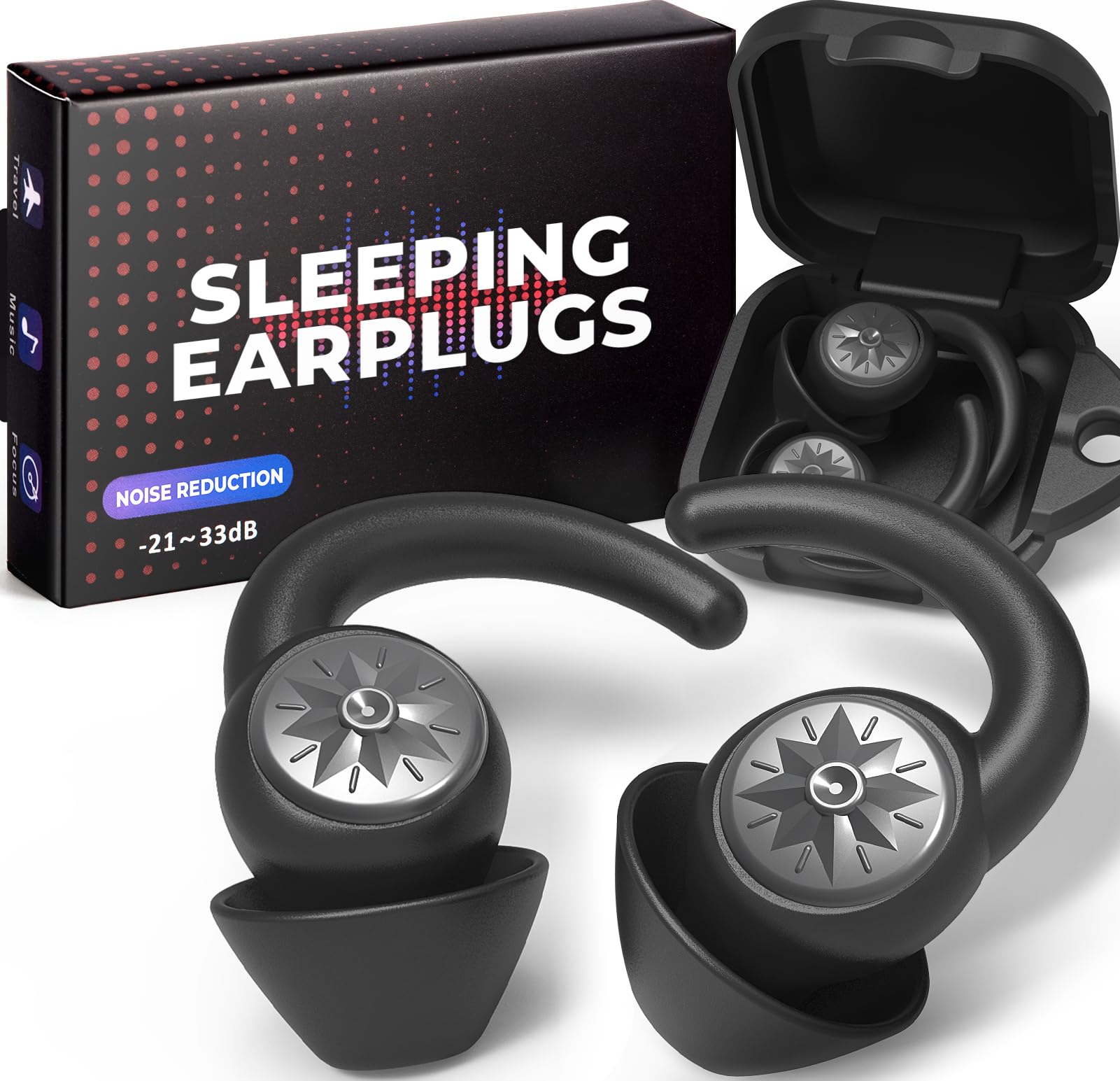 Ear Plugs for Sleeping - NRR33dB Noise Cancelling Earplugs for Sleep, Snoring Blocking, Travel, 2 Pairs Reusable Washable Soft Silicone Ear Plugs for Side Sleeper, Black