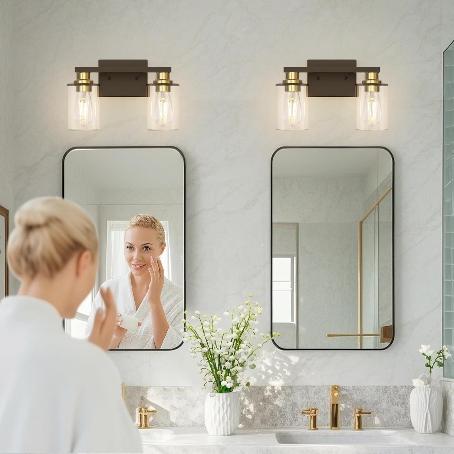 L LOHAS LED 2 Light Bathroom Vanity Light, Black and Gold Vanity Light with Clear Glass Shade, Black and Gold Light Fixtures, ETL Listed