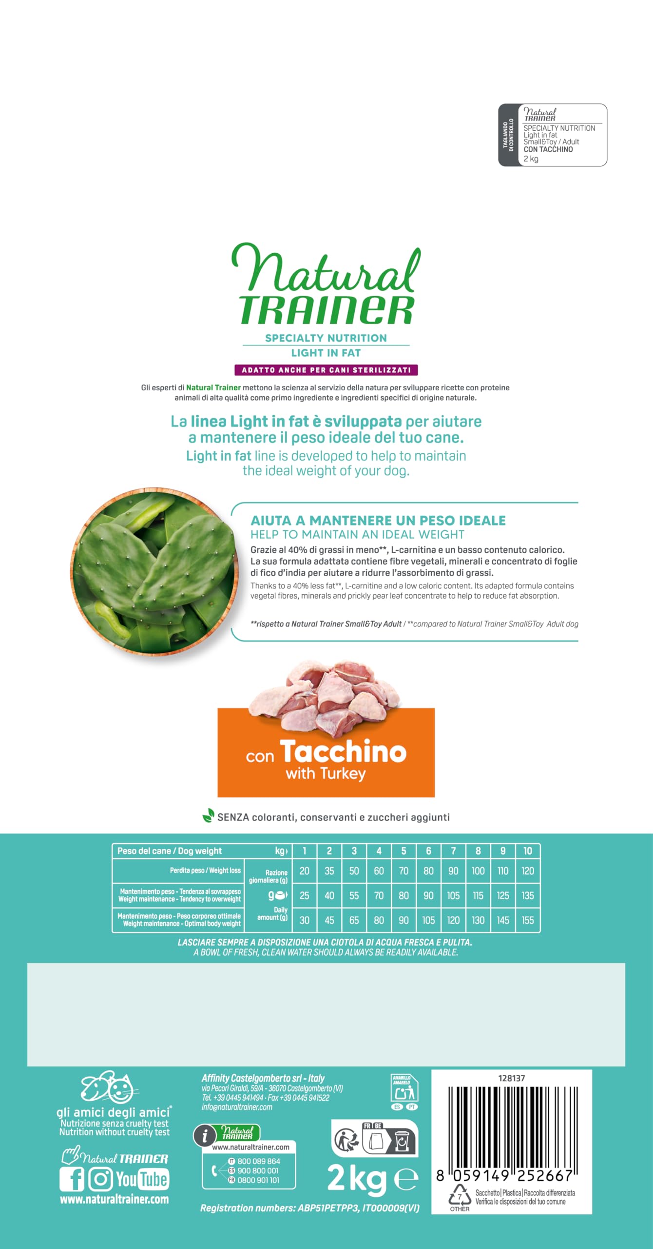 Natural Trainer Ideal Weight Small & Toy Cibo per Cani Adulti Light in fat con Tacchino - 2kg
