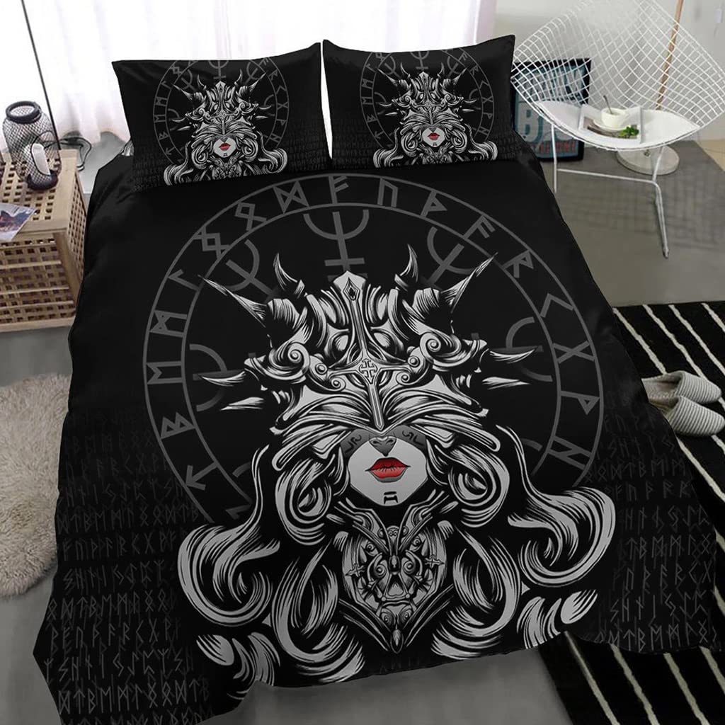 Parure de lit Viking Valkyrie avec housse de couette imprimée 3D et taies d'oreiller noires