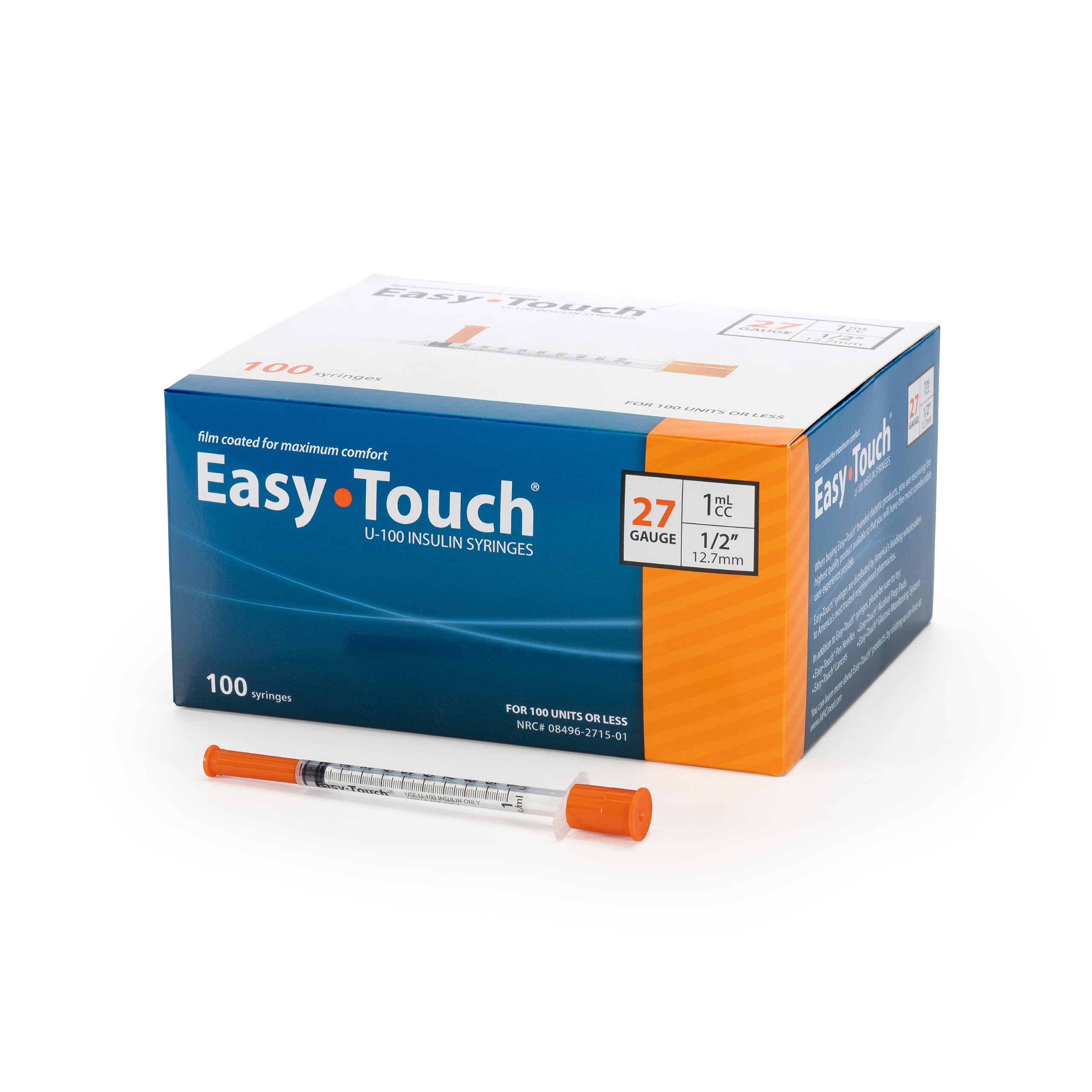 Easy Touch U-100 Insulin Syringe with Needle, 27G 1cc 1/2-Inch (12.7mm), Box of 100