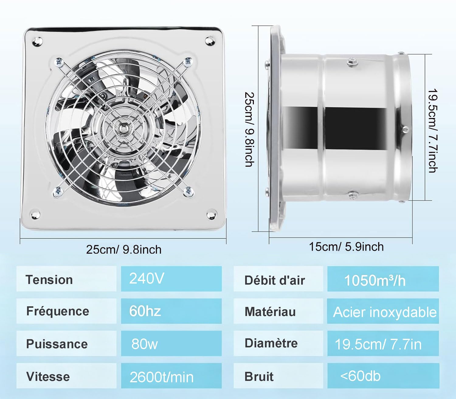 Ventilateur Extraction 200mm Ventilateur Mural 1050m³/h, Ventilateur Extracteur d'air Silencieux avec Clapet Anti-Retour, avec EU Plug pour Bureau Grenier Garage Cuisine Salle de Bain Comble