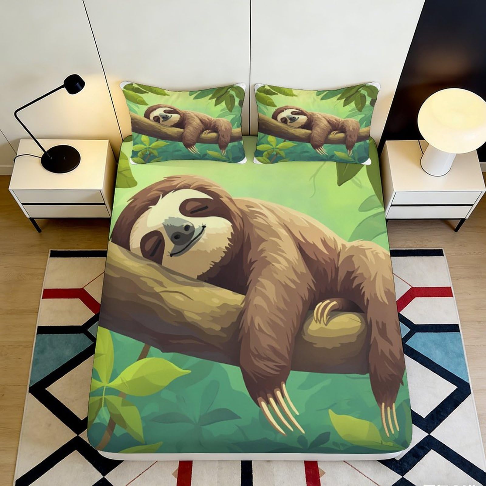 3D Printed Sloth Tree Fitted Sheet Microfiber Soft Non-Slip Forest Animal Bed Cover for Bedroom Dorm Mattress Decor 90x200x25cm