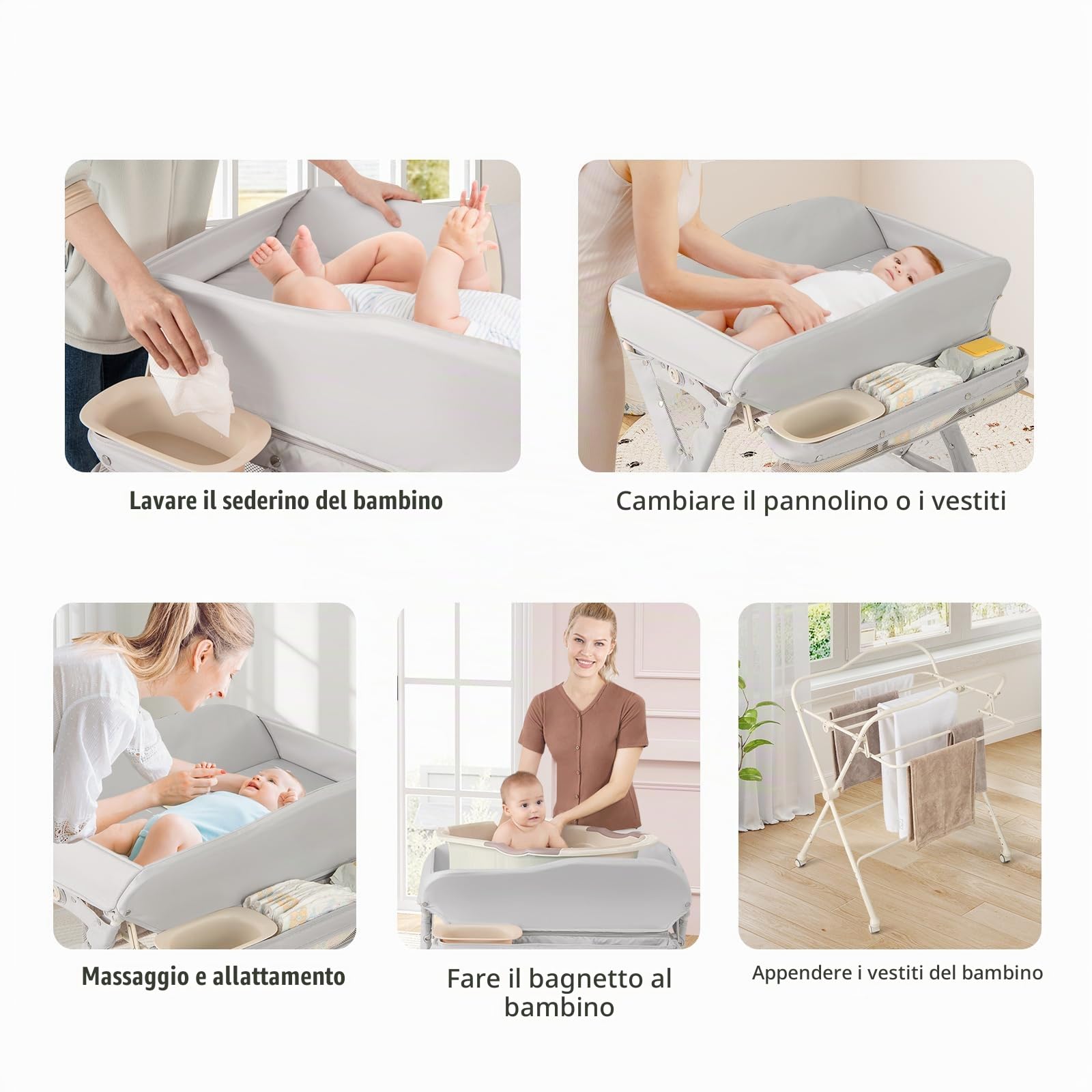 LIFEZEAL Fasciatoio con Ruote Universali, Fasciatoio Pieghevole e Portatile in Tessuto Resistente e Impermeabile con Piccola Vasca, Struttura Robusta, Capacità di 15 kg, per Bambini 0-6 Mesi, Grigio