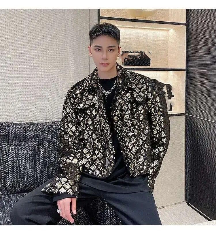 Veste courte de printemps pour homme style décontracté chic à paillettes