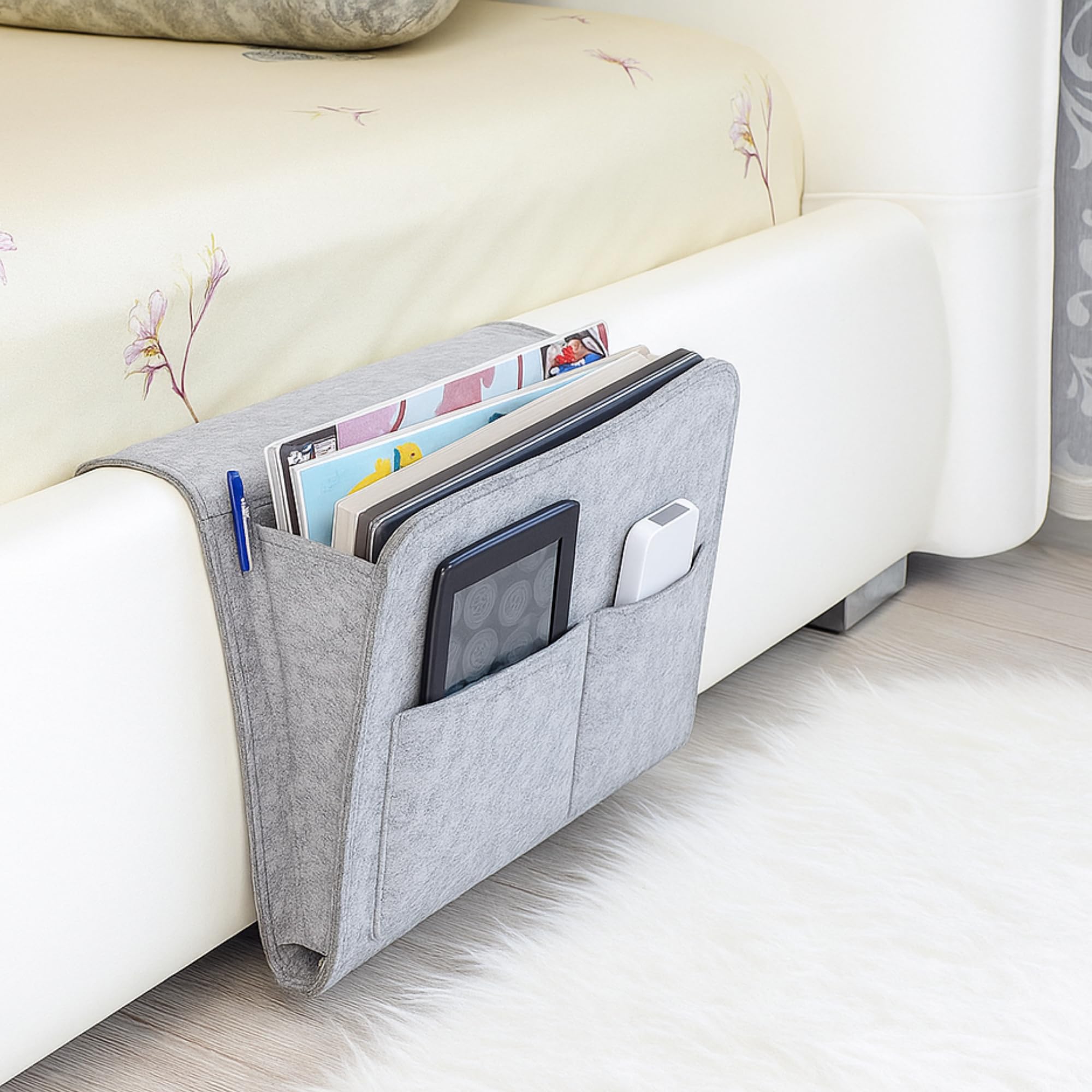 SRAJANAA Felt Bedside Caddy,Bed Side Pocket Storage Organizer Bag with 5 Pockets and Charging Hole for Home Bedroom, Living Room (1PCS/Grey)-image-31
