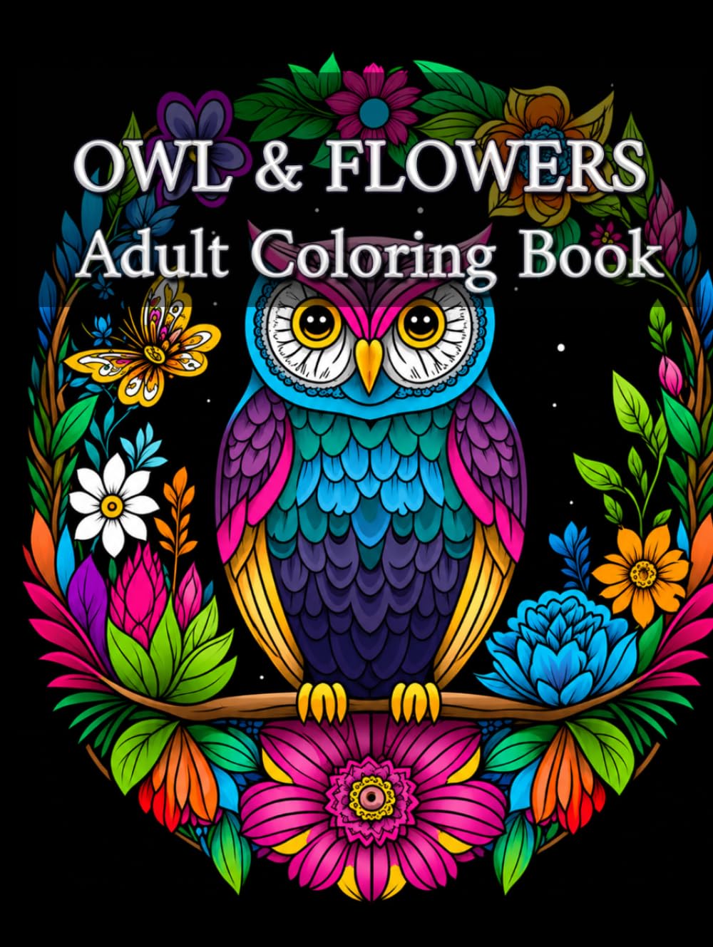 OWL AND FLOWERS: Adult coloring book