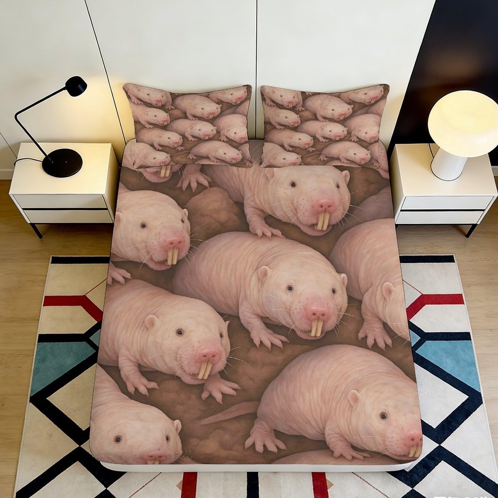 3D Printed Naked Mole Rat Fitted Sheet Microfiber Soft Durable Unique Rodent Bed Cover for Bedroom Dormitory Guest Room Mattress Protection 140x200x25cm
