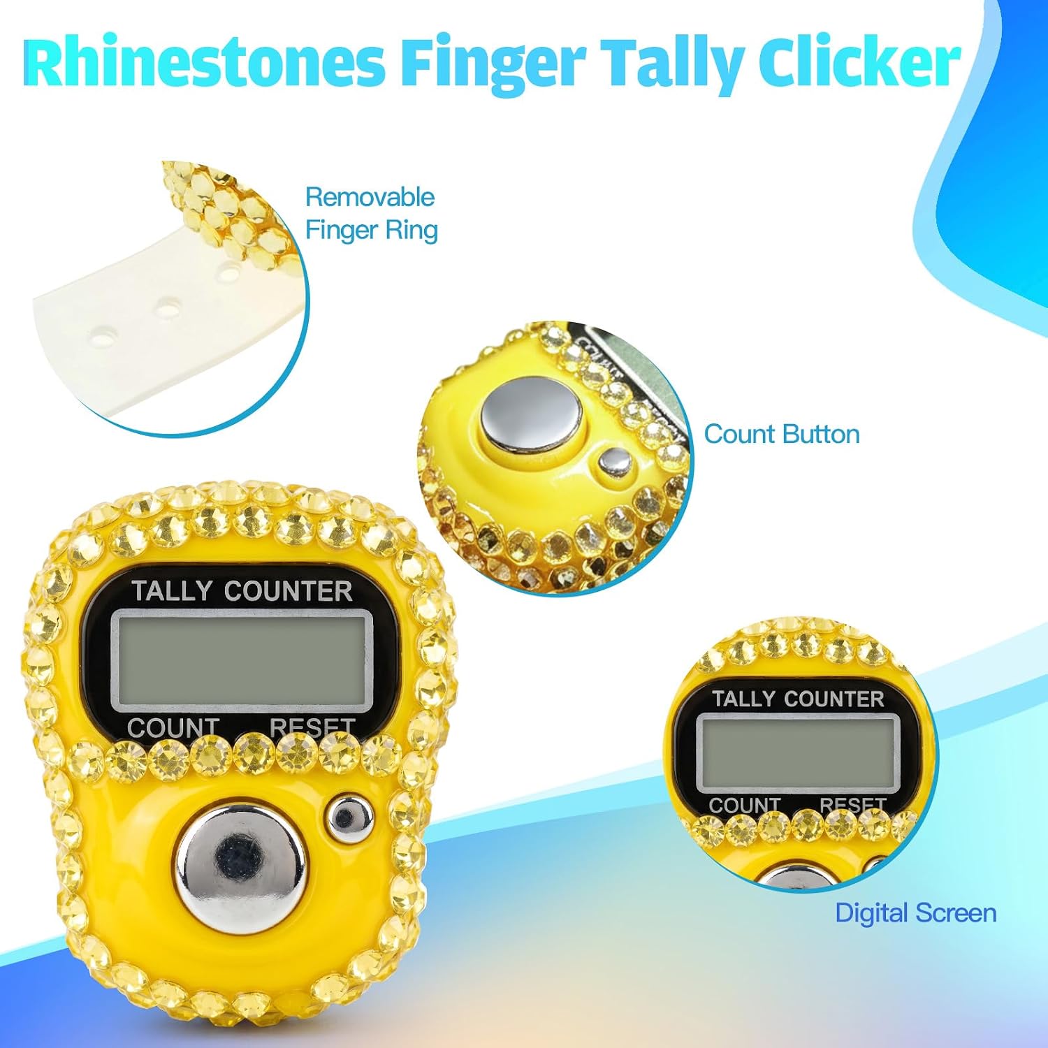 12 Pack Rhinestones Finger Counter, Clicker Counter with 5-Digit Display | 12 Colors Tally Counter Clickers for Running, Golf, Knitting & Inventory, Resettable Electronic Clicker for Daily Use