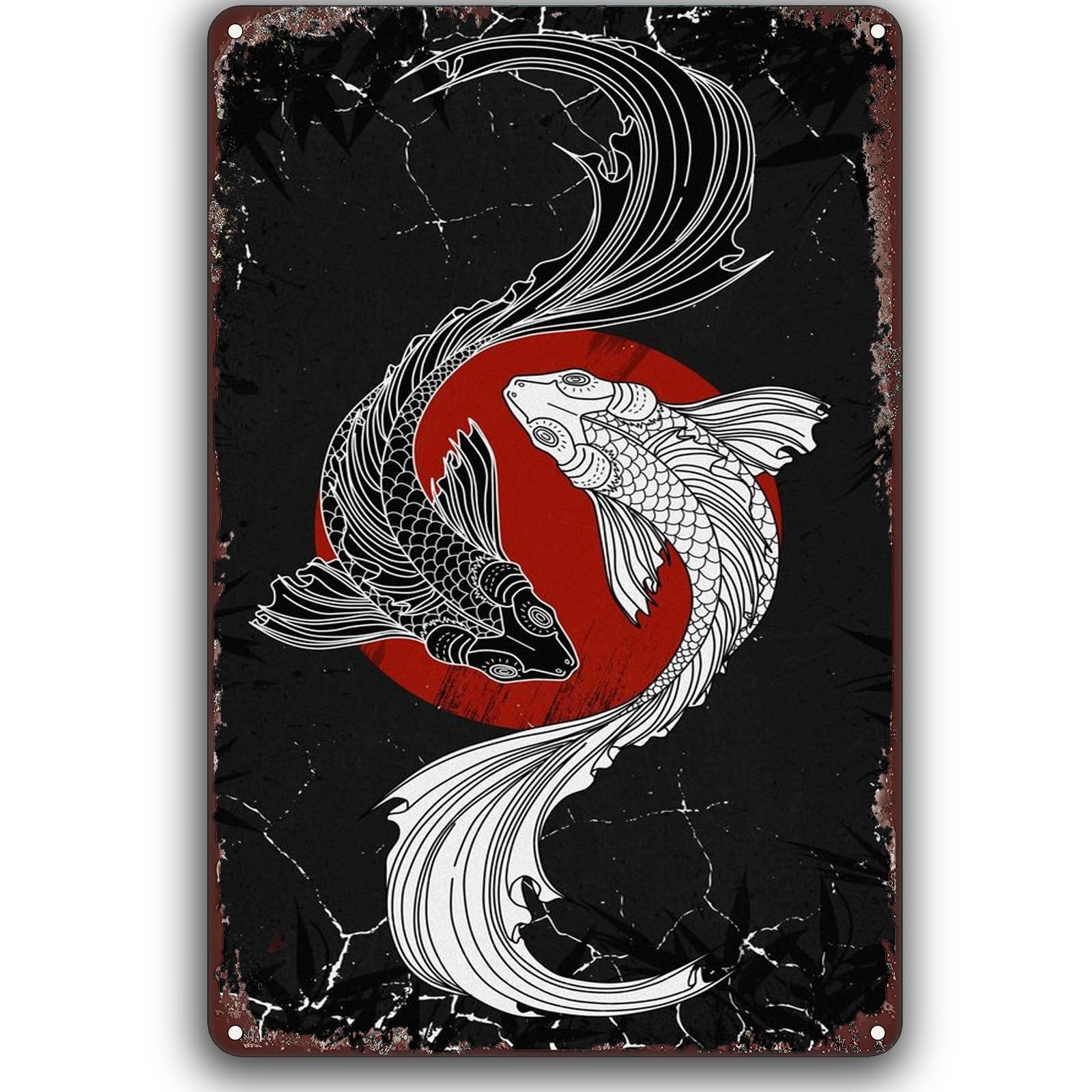Tai Chi Fish Vintage Metal Sign Japanese Yin Yang Koi Fish Rustic Tin Signs Retro Home Cafe Office Art Bar Pub Garage Classic Wall Decor 14x20cm