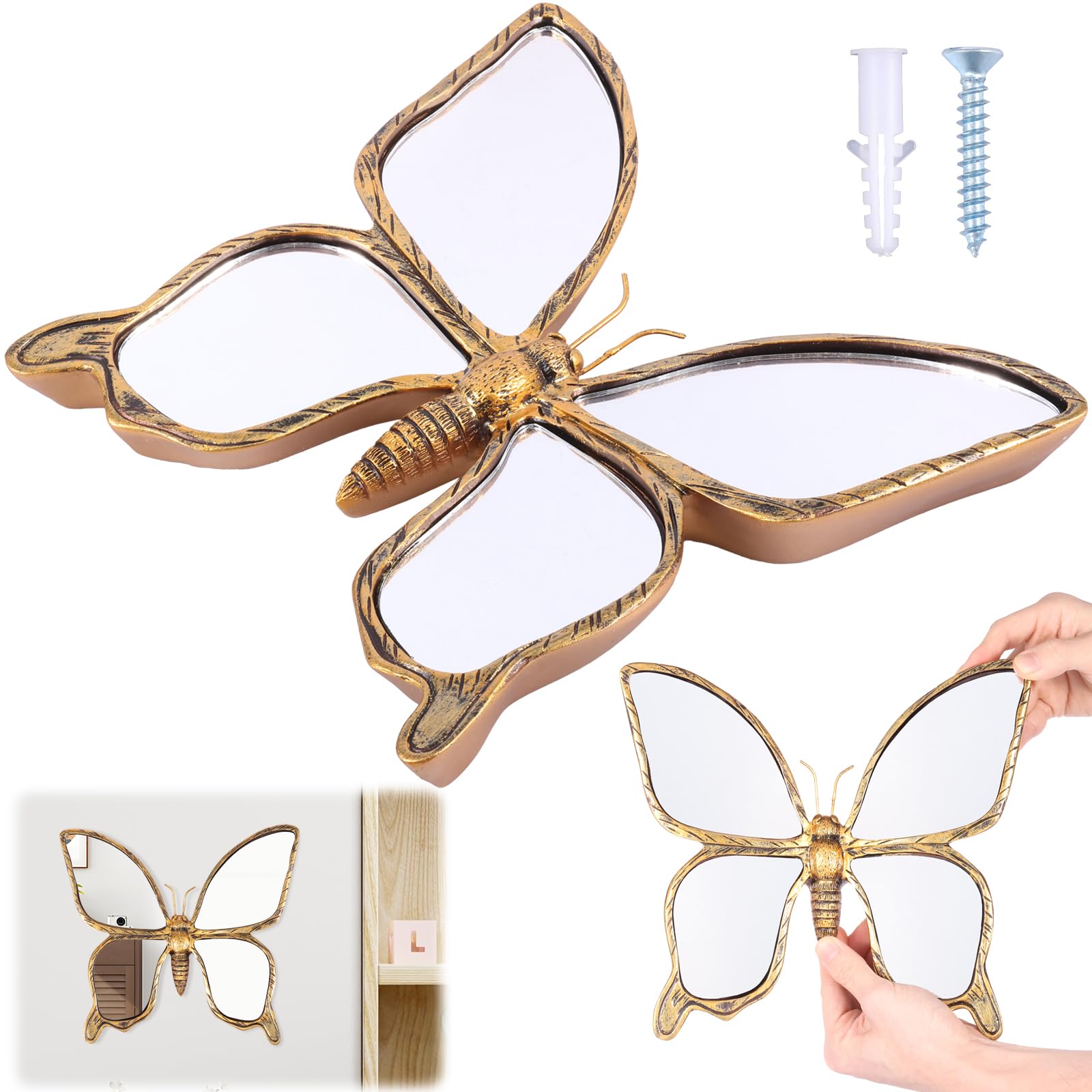 Ghshanog Butterfly Decorative Insects Mirrors,Resin Insect Themed Wall Mirror, Gold Glass Wall Decor, Creative Home Decoration For Bedroom Tabletop Balcony Corridor Victorian And European Themed Homes(Butterfly)