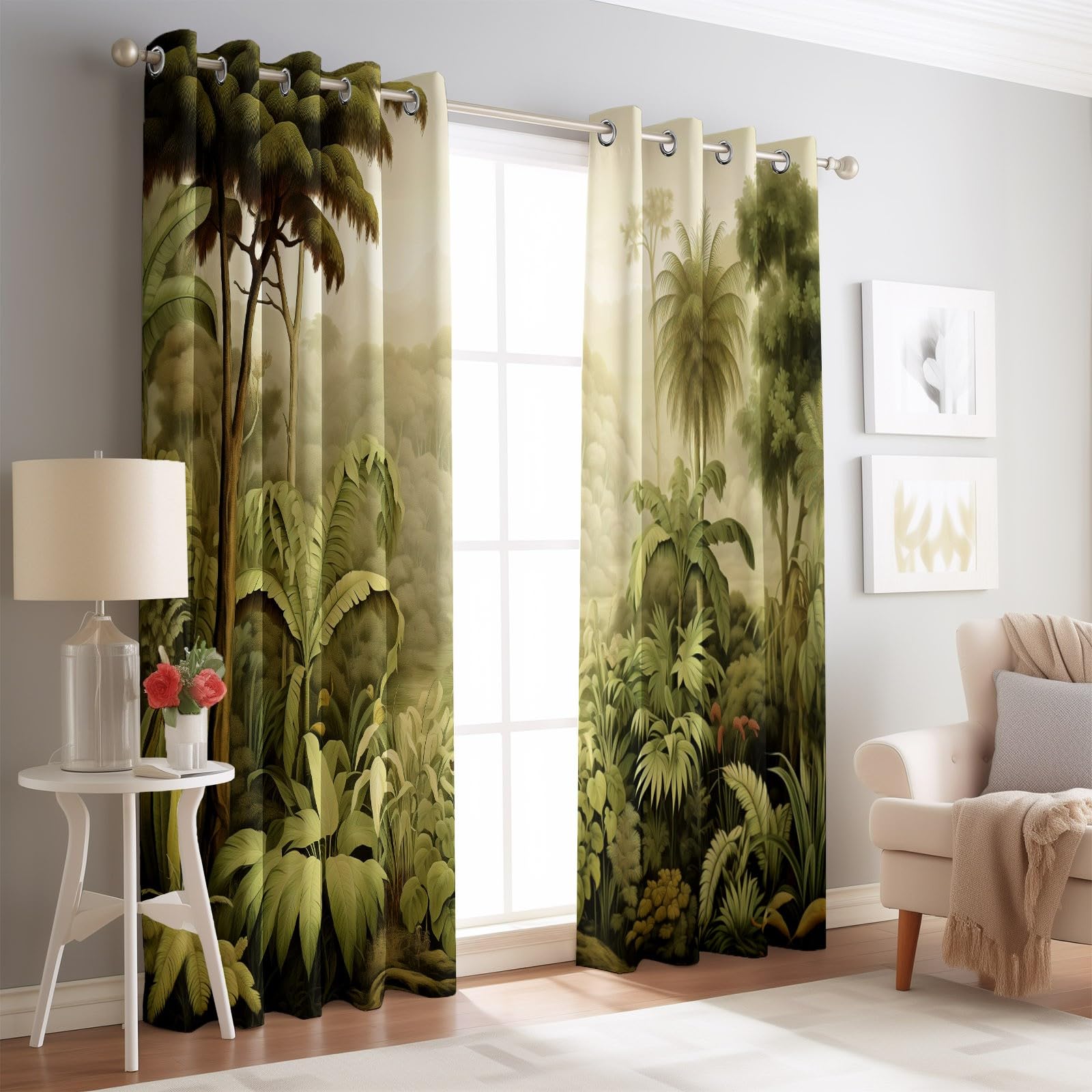 Zasłony zaciemniające do wnętrz - Natura Vintage Las deszczowy Nieprzezroczysta zasłona do sypialni, 117 x 229 cm (2 panele), termiczne zielone lasy, zasłony z oczkami do biura i salonu