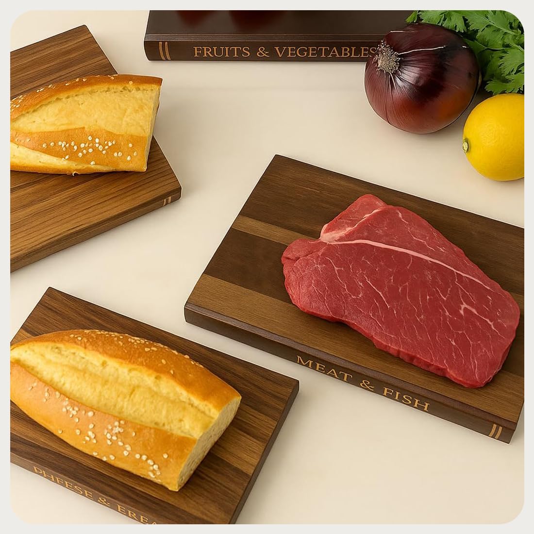 Schneidebrett Holz Buchoptik, Book Cutting Board mit Ständer, Holzschneidebrett, Das Sieht aus wie Bücher, Geeignet für Käse, Brot, Fleisch und Gemüse (Dreiteiliges Set + Ständer (3 * Schneidebrett))