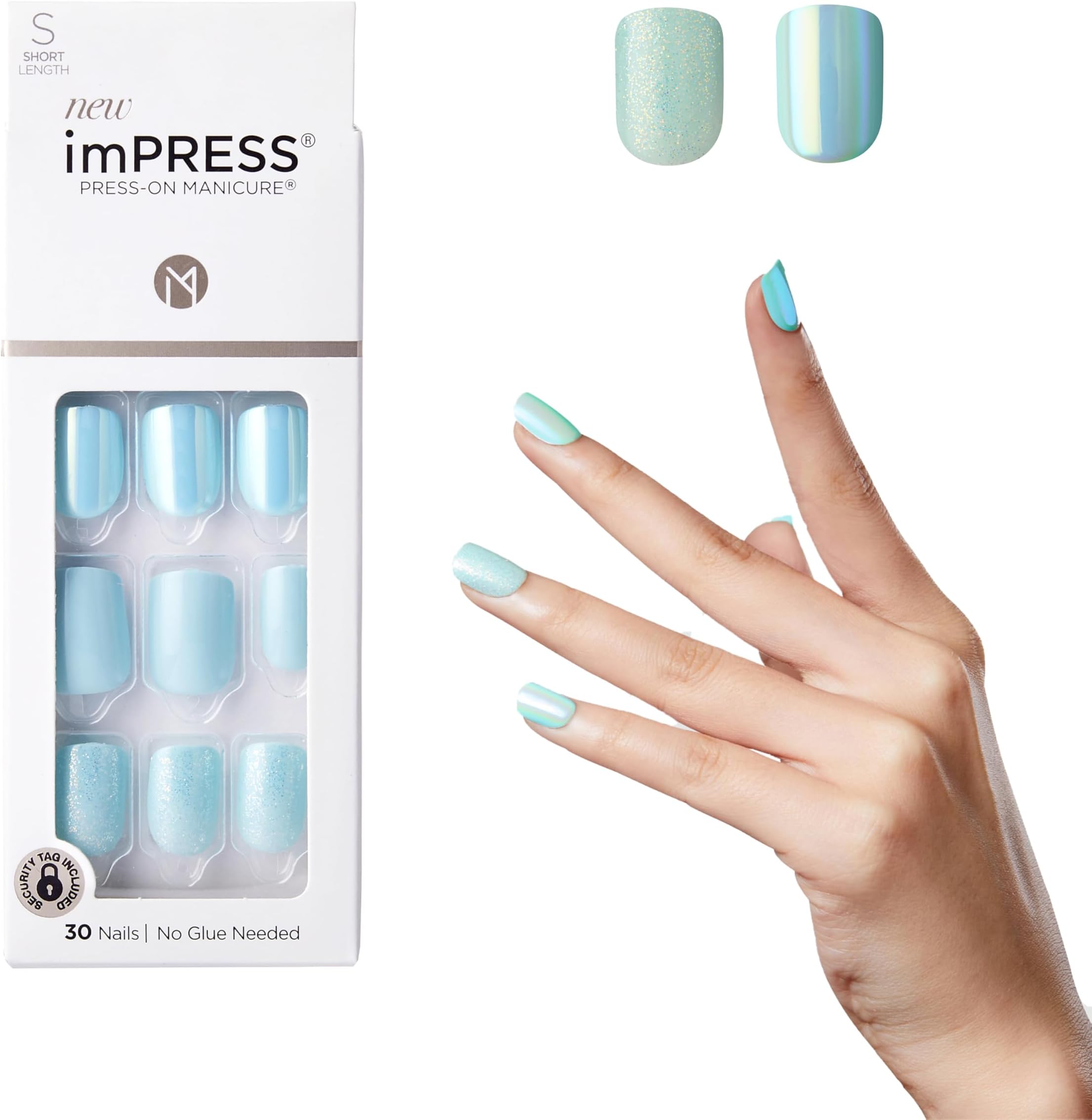 KISS imPRESS Press-On Manicure, Rain Check, Short Length Square, with PureFit Technology, Includes Prep Pad, Mini File, Cuticle Stick, and 30 Fake Nails