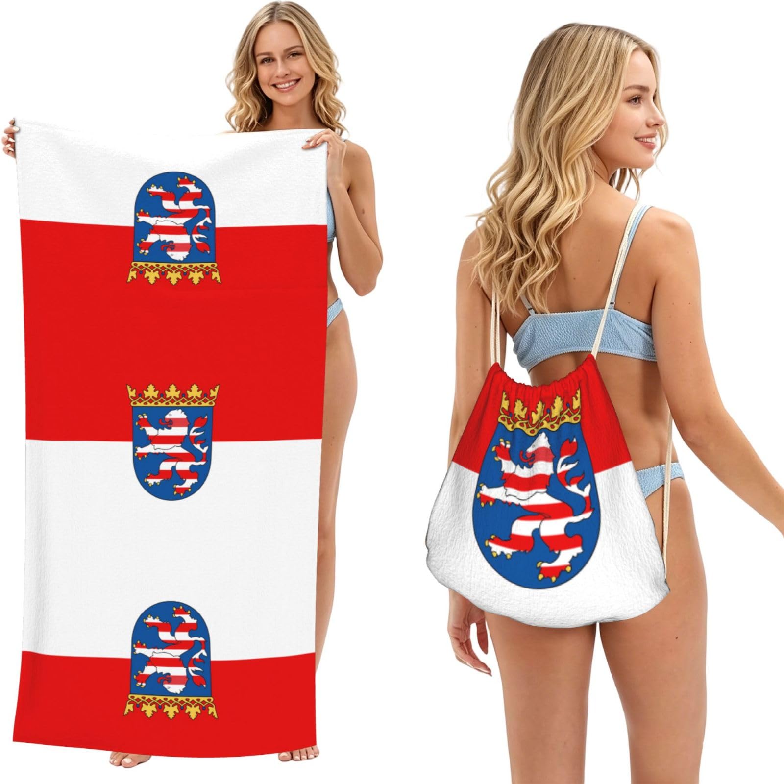 SXZVVBN Flag of Hesse 2-in-1 Beach Towel Bag, Quick Dry Sand Free Travel Towel Backpack for Adults