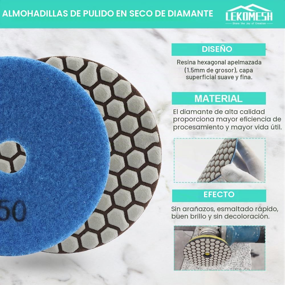 Diamante Almohadilla de Pulido en Seco - 7 piezas 100MM (#50/100/200/400/800/1500/3000) + M14 Plato de Apoyo + Adaptador,para Granito Mármol Piedra Artificial Cuarzo LEKOMESH