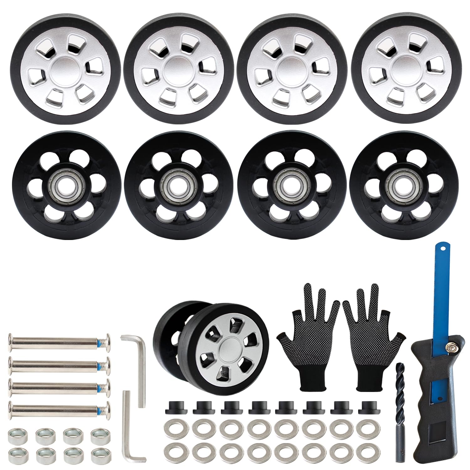 スーツケースタイヤ交換キット 52mm 8個セットラゲッジスピナー双輪修理 キャリーバッグ車輪補修 DIY 取替え TPU静音キャスター 精密ベアリング搭載 Φ6・Φ8軸穴対応 ハイスソー HSSドリルビット付き