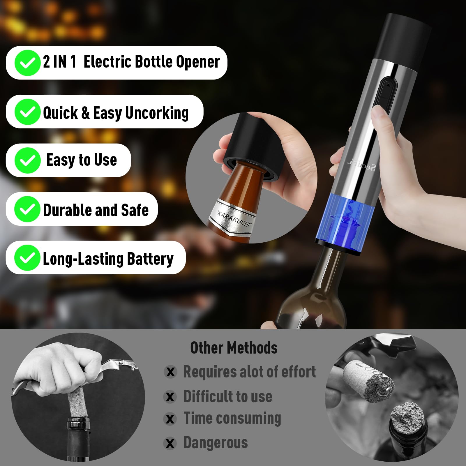 Secura Home Abridor eléctrico de botellas de vino y abridor de cerveza 2 en 1, sacacorchos automático recargable con cortador de aluminio, abridor de vino eléctrico con un solo clic para el hogar