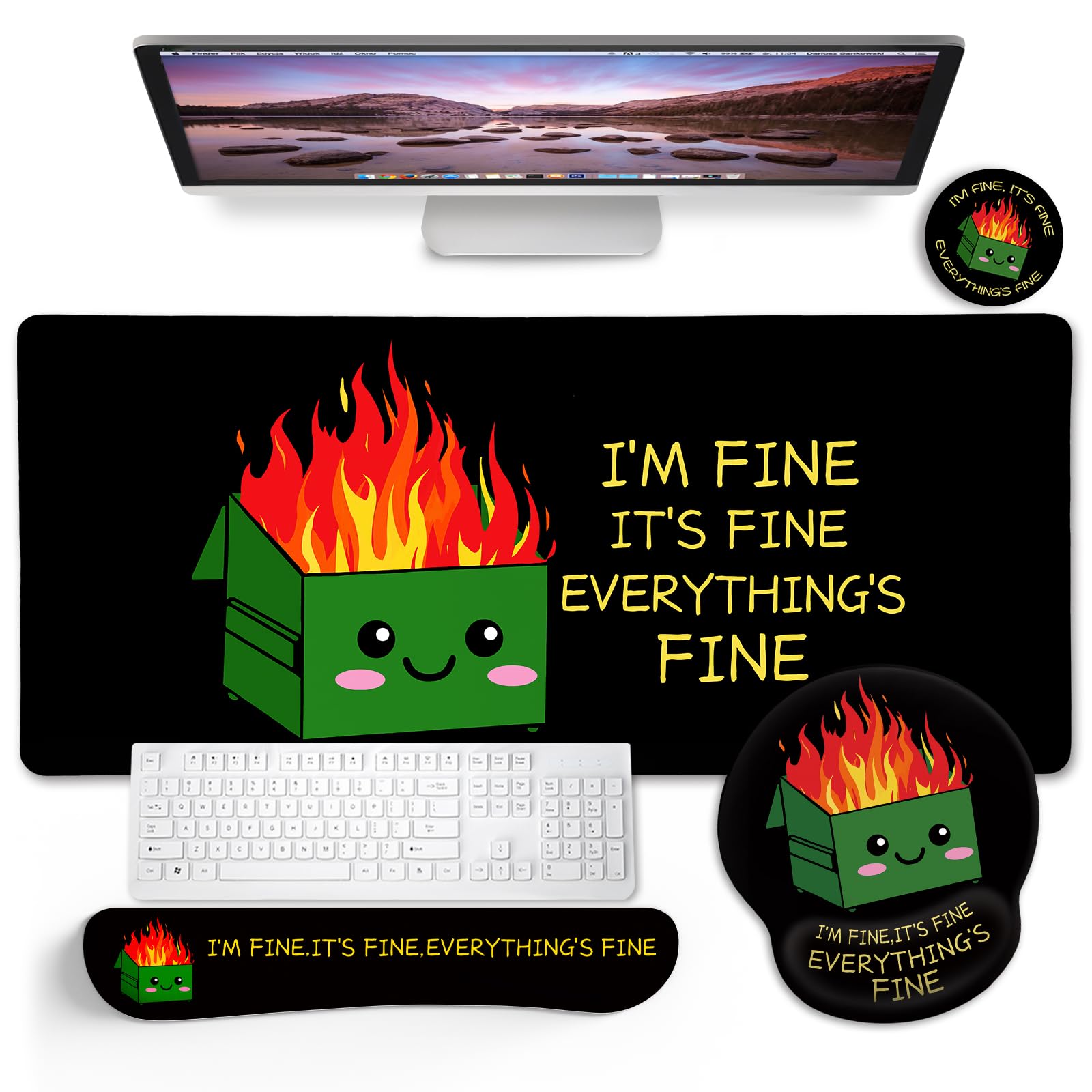 Blusabaca Dumpster on Fire Mouse Pad Desk Pad, Funny Cute Desk Mat Large Gaming Mouse Pad with Wrist Rest, Keyboard Pad Wrist Rest Ergonomic, Cup Coaster, Work Home Desk Accessories Office Supplies โ image 1