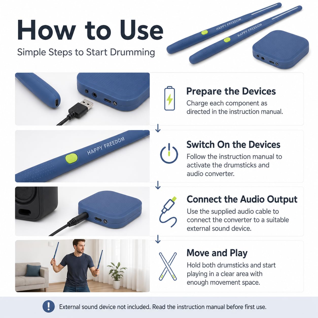 Air Drum Set Reconocimiento de detección de movimiento Baquetas de aire eléctricas compactas portátiles para adultos Niños Principiantes Cian niños amigos amantes (Azul)