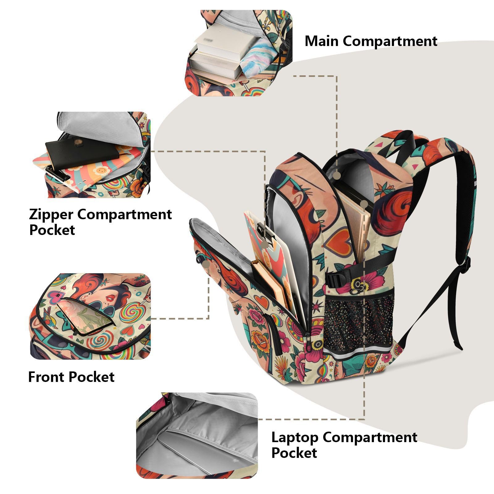 Mochilas de viaje para laptop, diseño vintage de rosas para mujer, para escuela, universidad, 17.5 pulgadas
