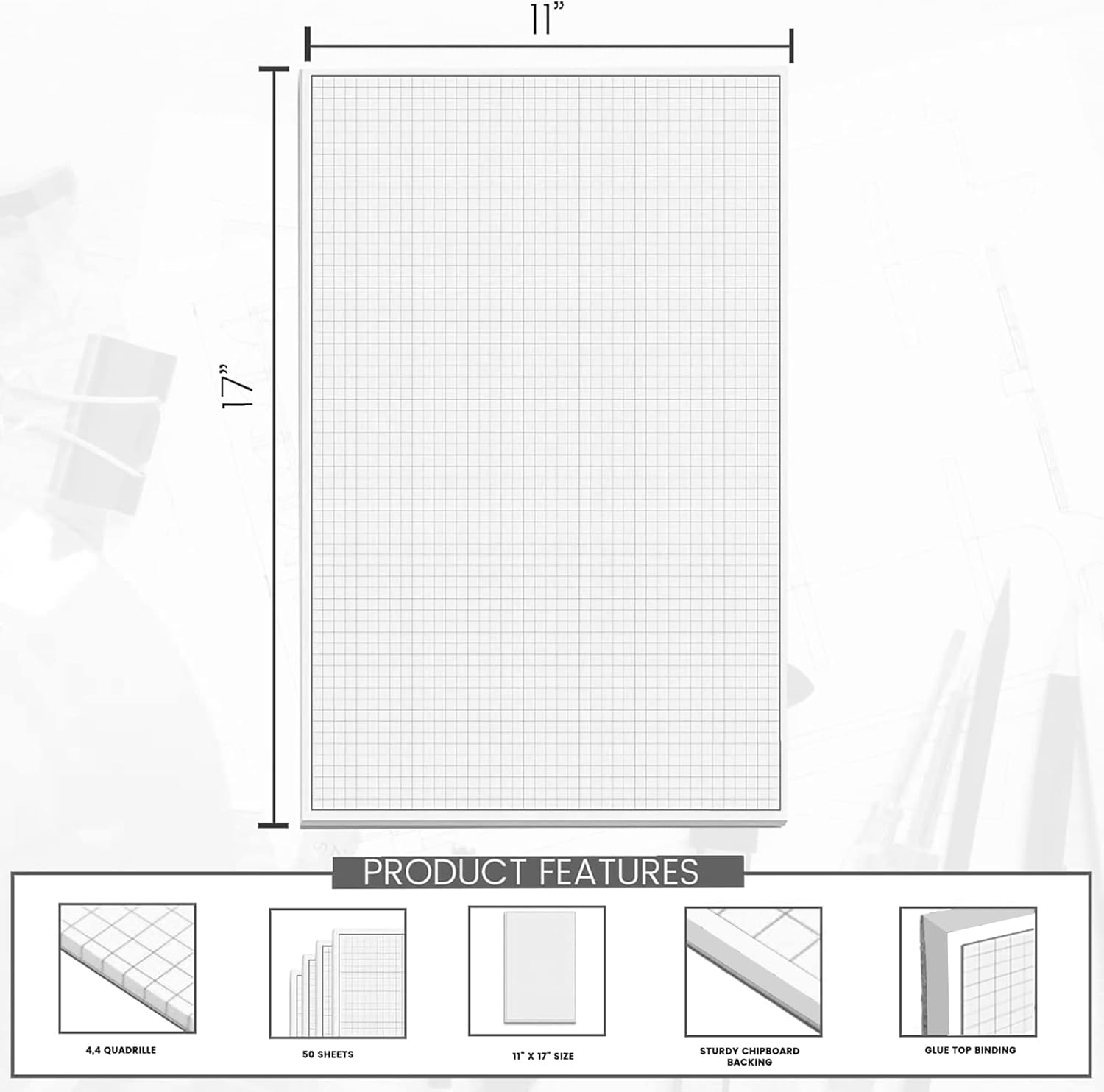 Performore 2 Pack of Grid Paper Pads, 50 Sheets per Pad 11" x 17" Graph Paper Glue Top Binding Double Sided 4x4 Quadrille White Paper for Engineering Or Technical Drawings, Blueprint, Drafting