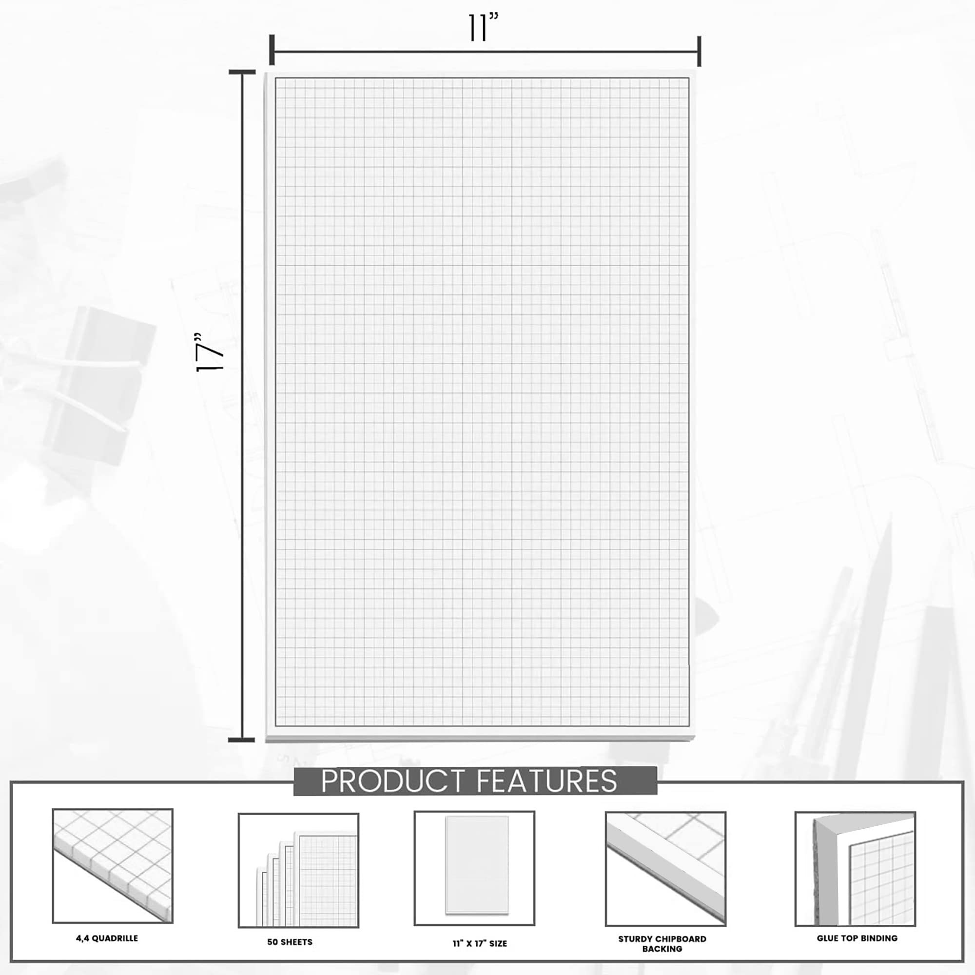 Confezione da 2 blocchi di carta a quadretti, 50 fogli per blocco, 27,9 x 43,2 cm, carta a quadretti bianchi su entrambi i lati, per ingegneria o disegni tecnici, progetti, disegni